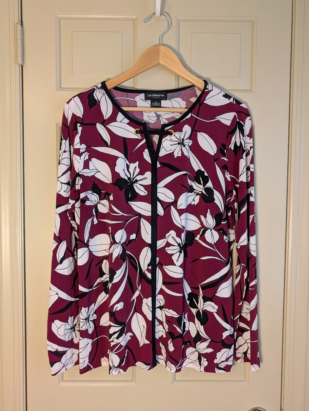 Liz Claiborne Career Top Floral Burgundy Long Sleeve Stretch Blouse Size L